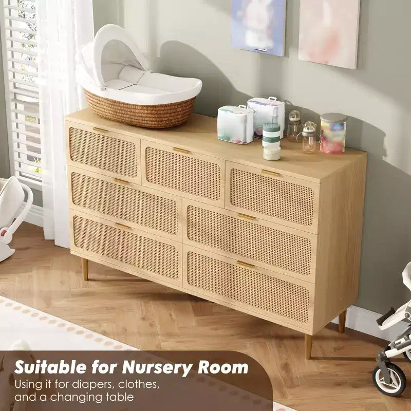 Cassettiera a 7 cassetti in rattan per camera da letto - Cassettiera in legno da 53,9 cm con maniglie in metallo, porta TV multifunzione e organizer contenitore