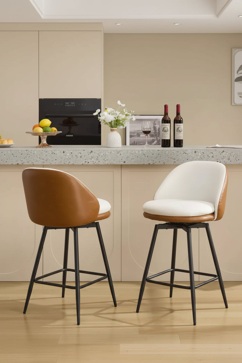 GustoWave Modern Upholstered Swivel Bar Stools Set of 2, 26 Swivel Barstools with Metal Legs, Faux Leather Counter Bar Chairs
