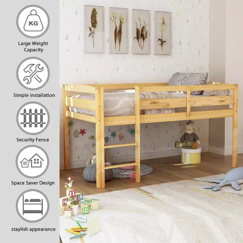 Bellemave Letto a soppalco basso con scaletta, letto a soppalco singolo in legno per adulti, bambini e ragazzi, supporto a doghe in legno, noce