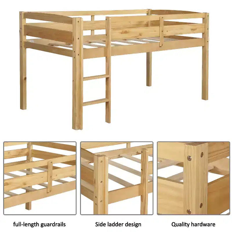 Bellemave Letto a soppalco basso con scaletta, letto a soppalco singolo in legno per adulti, bambini e ragazzi, supporto a doghe in legno, noce