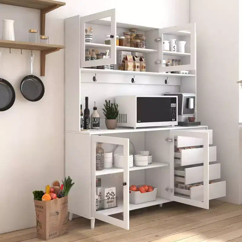 GDFStudio Gideon, Dispensa da Cucina Moderna 63 con 4 Ante in Vetro, 4 Cassetti e Ripiano per Microonde
