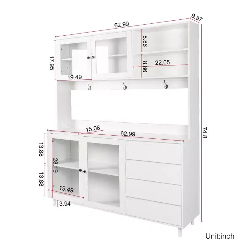 GDFStudio Gideon, Dispensa da Cucina Moderna 63 con 4 Ante in Vetro, 4 Cassetti e Ripiano per Microonde