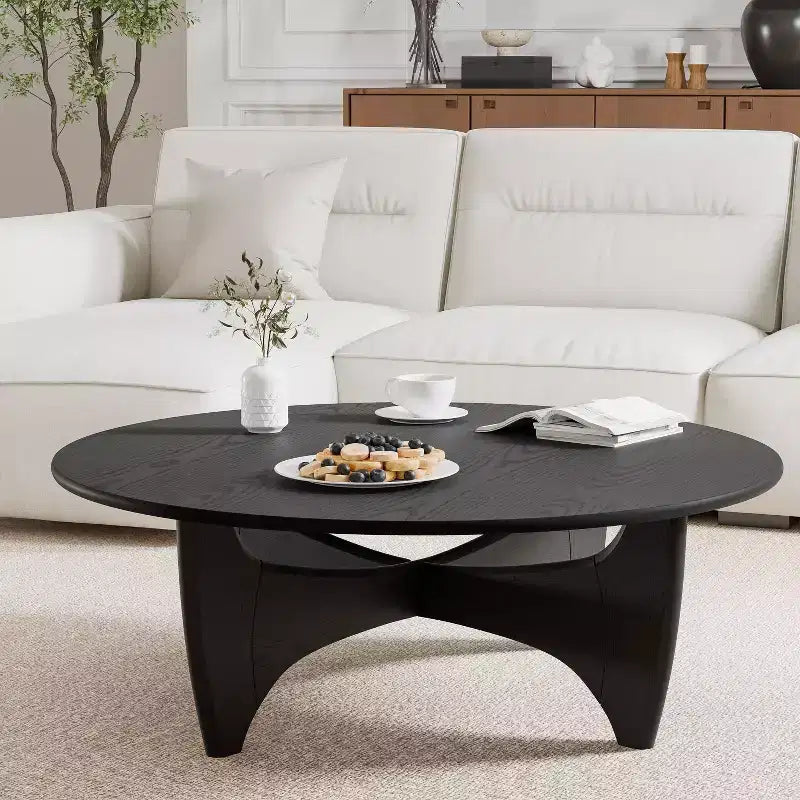 PexFix 38 Round Modern Coffee Table Farmhouse Solid Wood Tea Table with Cross Sturdy Legs for Home Office Living Room Black