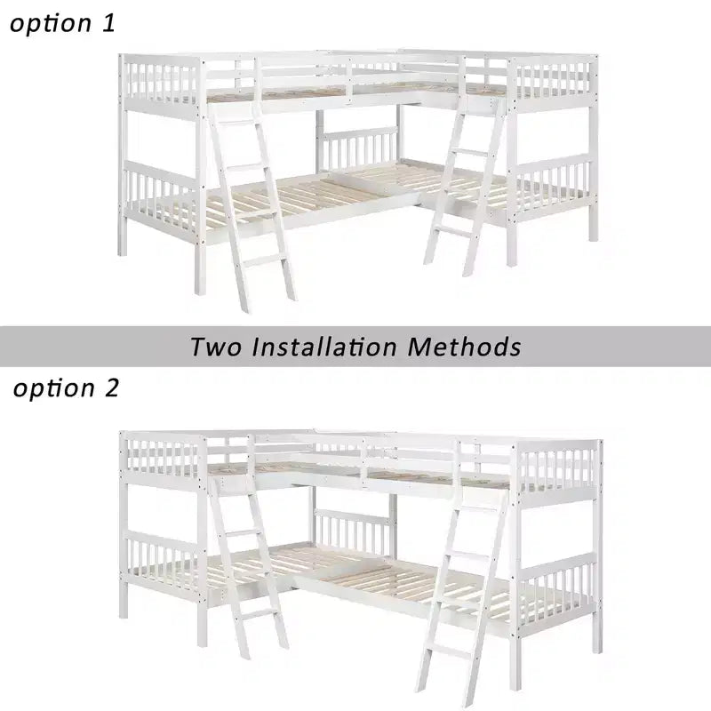 Letto a castello singolo su singolo per 4 bambini, Struttura letto a castello a L in legno massello per camera da letto