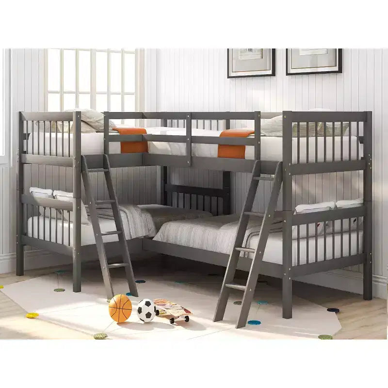 Letto a castello singolo su singolo per 4 bambini, Struttura letto a castello a L in legno massello per camera da letto