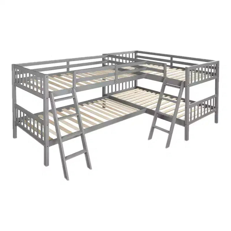 Letto a castello singolo su singolo per 4 bambini, Struttura letto a castello a L in legno massello per camera da letto