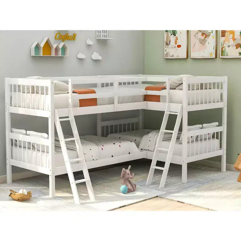 Letto a castello singolo su singolo per 4 bambini, Struttura letto a castello a L in legno massello per camera da letto