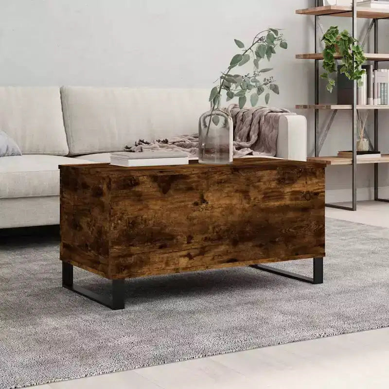 Tavolino da caffè con piano sollevabile e vano portaoggetti nascosto, in legno ingegnerizzato bianco e struttura in metallo
