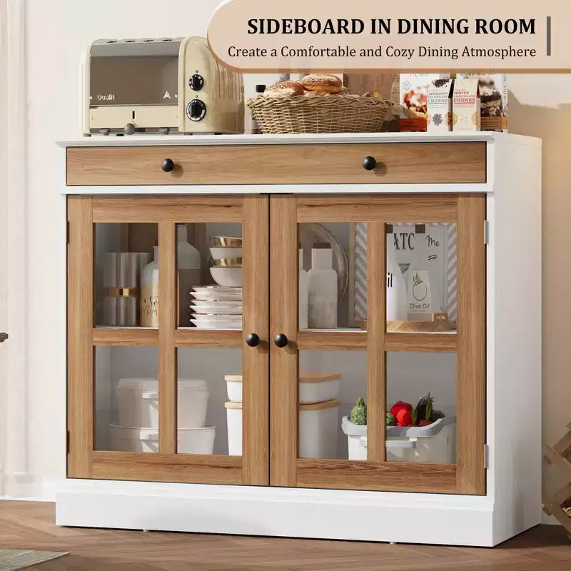 Madia da 89.9 cm, con Ante in Vetro, Mobile Contenitore con Cassetti, Credenza Bianca e Marrone, Buffet e Madie Moderne