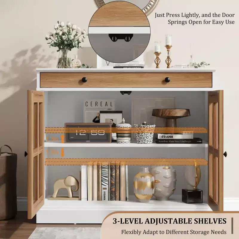 Madia da 89.9 cm, con Ante in Vetro, Mobile Contenitore con Cassetti, Credenza Bianca e Marrone, Buffet e Madie Moderne