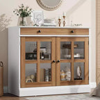 Madia da 89.9 cm, con Ante in Vetro, Mobile Contenitore con Cassetti, Credenza Bianca e Marrone, Buffet e Madie Moderne