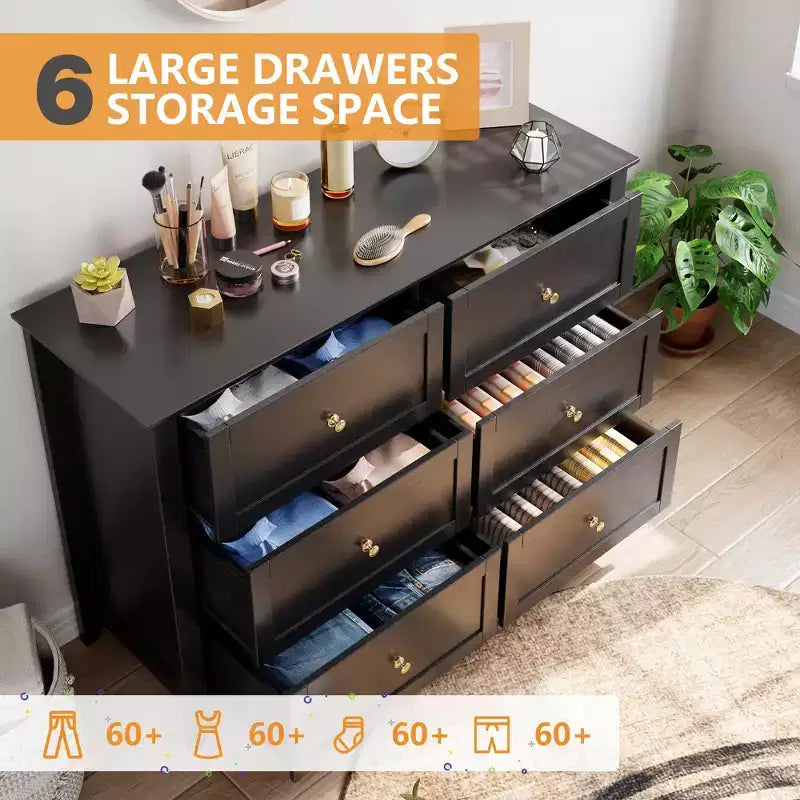 Cassettiera a 6 cassetti per camera da letto, set di 2 cassettiere in legno stile rustico per vestiti, organizer cassettiere con maniglie e cassetti profondi
