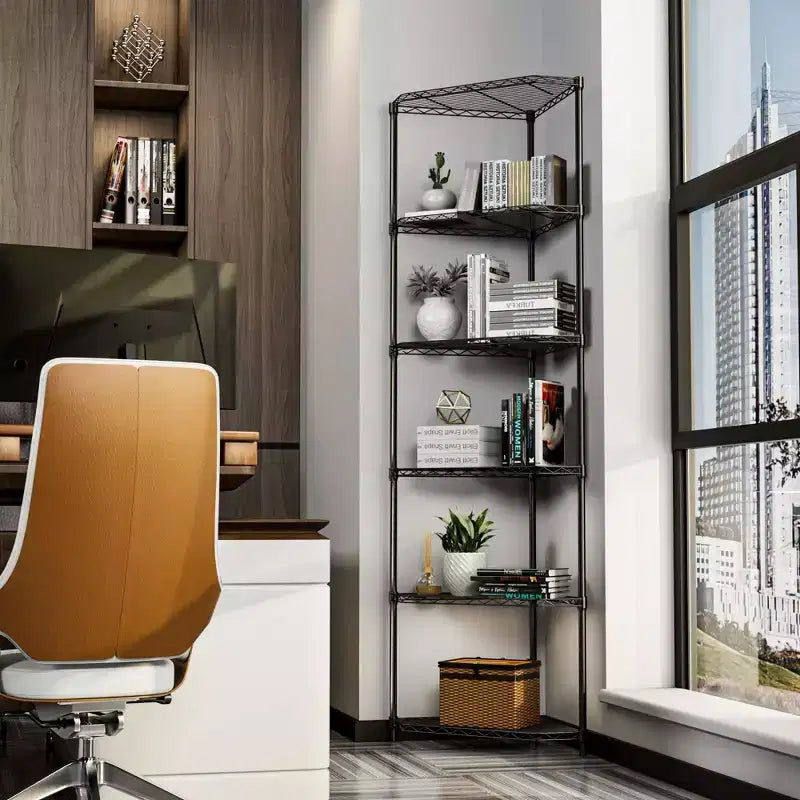 Scaffale angolare a 6 ripiani in metallo nero, da 183 cm di altezza, con ripiani pentagonali regolabili per bagno, soggiorno e cucina
