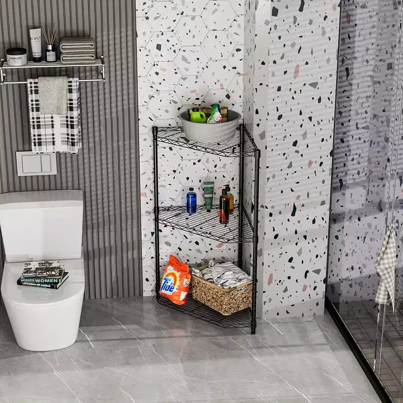 Scaffale angolare a 6 ripiani in metallo nero, da 183 cm di altezza, con ripiani pentagonali regolabili per bagno, soggiorno e cucina