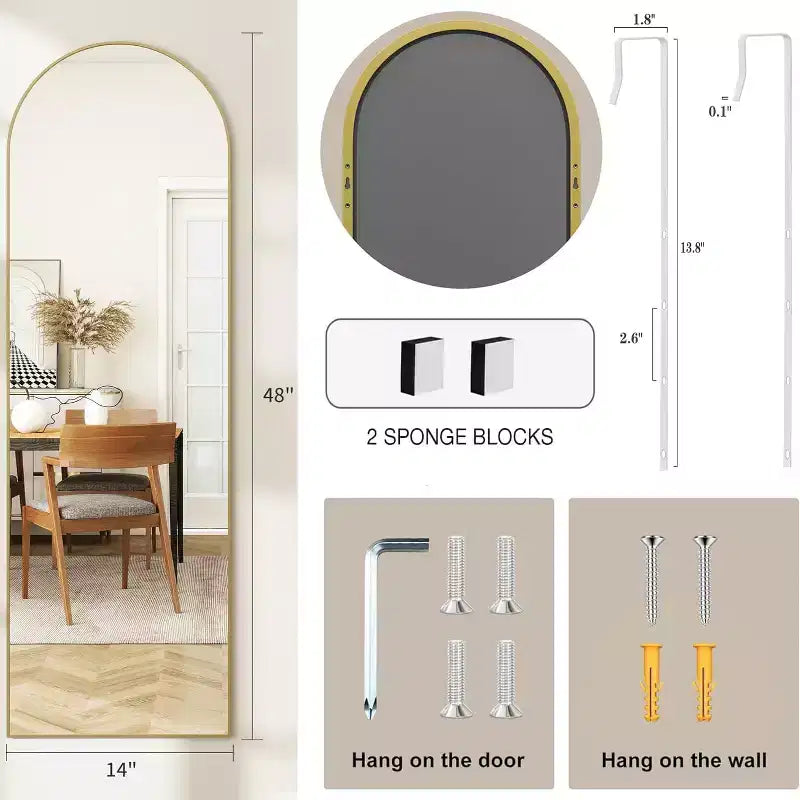 Specchio da porta a tutta lunghezza ad arco 14"x48", cornice in alluminio dorato, da appendere alla porta o da parete, vetro infrangibile HD