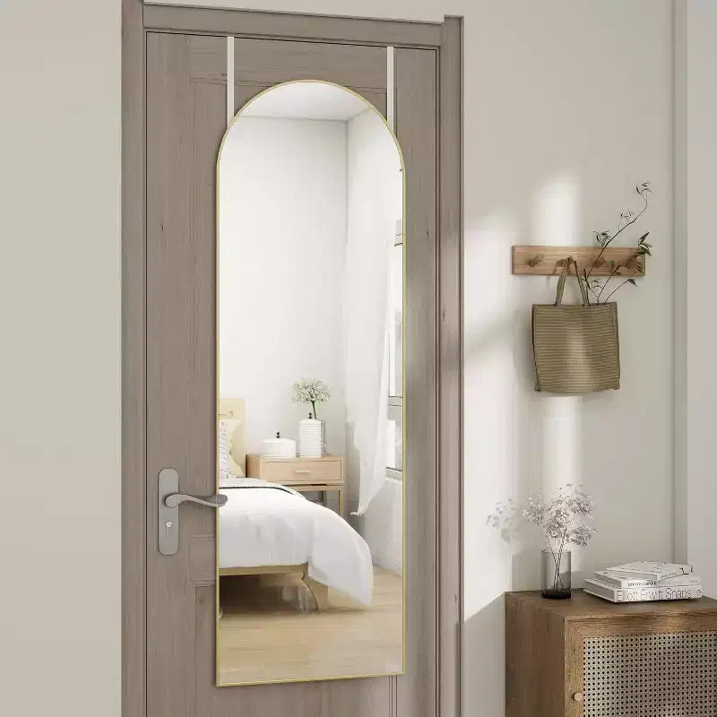 Specchio da porta a tutta lunghezza ad arco 14"x48", cornice in alluminio dorato, da appendere alla porta o da parete, vetro infrangibile HD