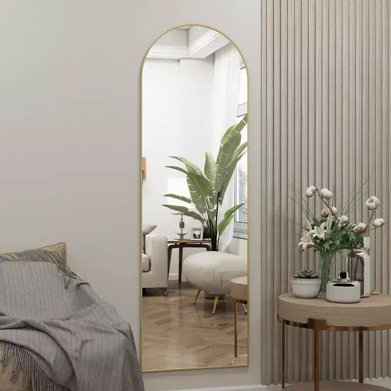 Specchio da porta a tutta lunghezza ad arco 14"x48", cornice in alluminio dorato, da appendere alla porta o da parete, vetro infrangibile HD