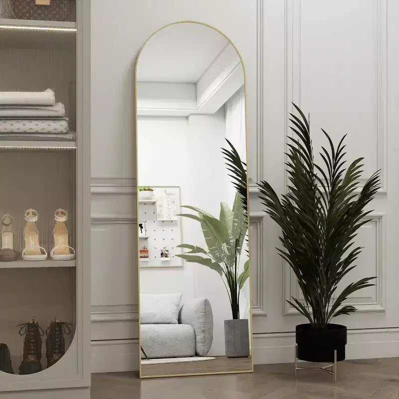 Specchio da porta a tutta lunghezza ad arco 14"x48", cornice in alluminio dorato, da appendere alla porta o da parete, vetro infrangibile HD