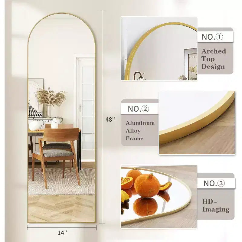 Specchio da porta a tutta lunghezza ad arco 14"x48", cornice in alluminio dorato, da appendere alla porta o da parete, vetro infrangibile HD