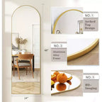 Specchio da porta a tutta lunghezza ad arco 14"x48", cornice in alluminio dorato, da appendere alla porta o da parete, vetro infrangibile HD