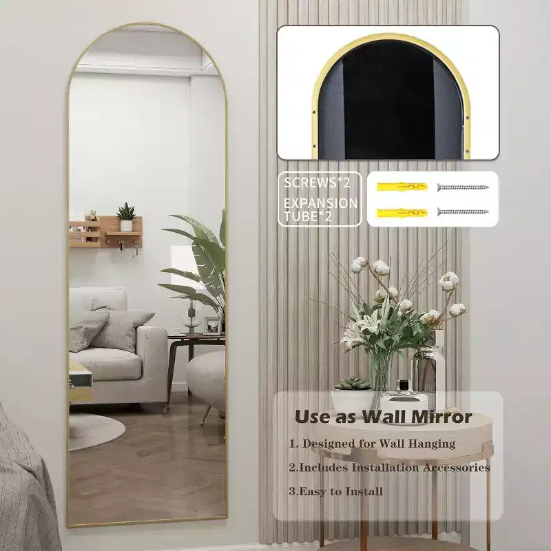 Specchio da porta a tutta lunghezza ad arco 14"x48", cornice in alluminio dorato, da appendere alla porta o da parete, vetro infrangibile HD