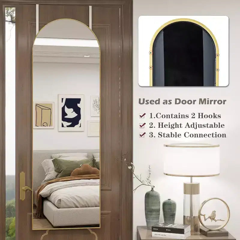 Specchio da porta a tutta lunghezza ad arco 14"x48", cornice in alluminio dorato, da appendere alla porta o da parete, vetro infrangibile HD