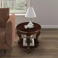 22in Retro Round End Table, Solid Wood Sofa Side Table with Shelf, Living Room Corner Table, Easy Assemble