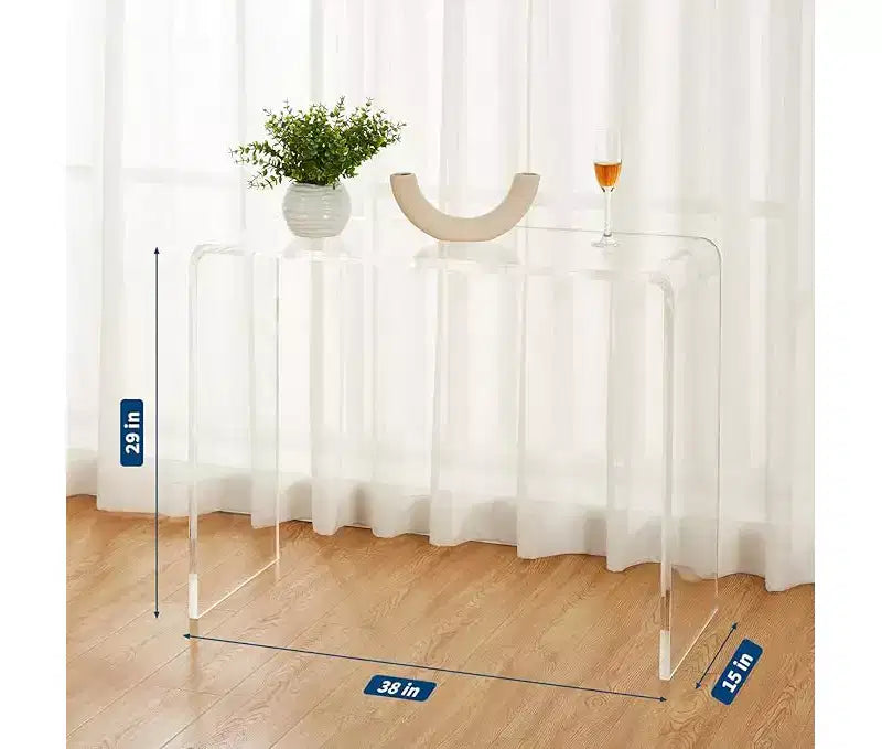 Consolle sottile in acrilico per ingressi, trasparente, a 2 ripiani con gambe quadre, perfetta per corridoi, foyer, salotti e dietro i divani