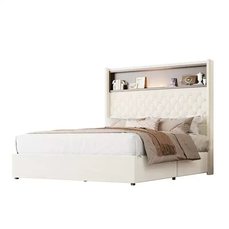 Letto imbottito in velluto Whisen Queen Size, letto a piattaforma con schienale ad ala, testiera alta 52'' con decorazione a rivetti, mensola sulla testiera