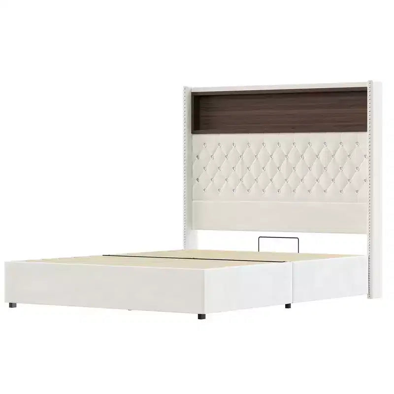 Letto imbottito in velluto Whisen Queen Size, letto a piattaforma con schienale ad ala, testiera alta 52'' con decorazione a rivetti, mensola sulla testiera