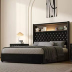 Letto imbottito in velluto Whisen Queen Size, letto a piattaforma con schienale ad ala, testiera alta 52'' con decorazione a rivetti, mensola sulla testiera