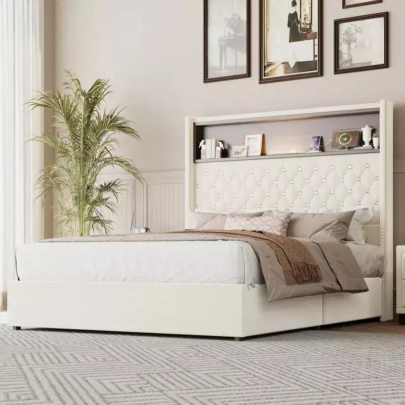 Letto imbottito in velluto Whisen Queen Size, letto a piattaforma con schienale ad ala, testiera alta 52'' con decorazione a rivetti, mensola sulla testiera