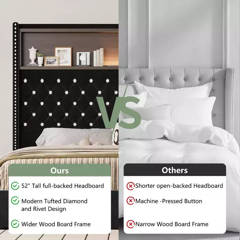 Letto imbottito in velluto Whisen Queen Size, letto a piattaforma con schienale ad ala, testiera alta 52'' con decorazione a rivetti, mensola sulla testiera