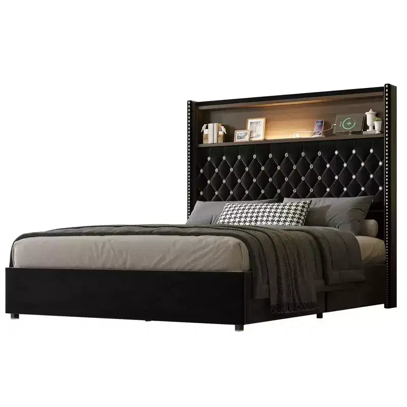 Letto imbottito in velluto Whisen Queen Size, letto a piattaforma con schienale ad ala, testiera alta 52'' con decorazione a rivetti, mensola sulla testiera