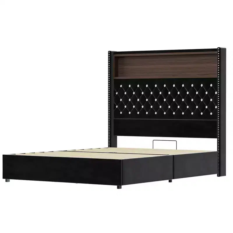 Letto imbottito in velluto Whisen Queen Size, letto a piattaforma con schienale ad ala, testiera alta 52'' con decorazione a rivetti, mensola sulla testiera