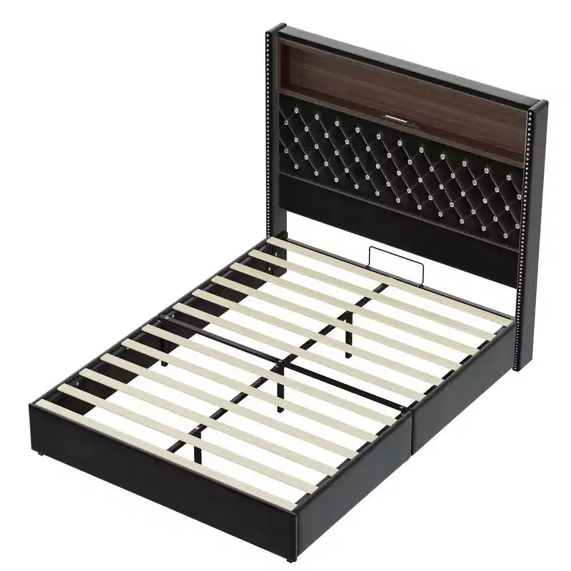 Letto imbottito in velluto Whisen Queen Size, letto a piattaforma con schienale ad ala, testiera alta 52'' con decorazione a rivetti, mensola sulla testiera