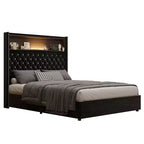 Letto imbottito in velluto Whisen Queen Size, letto a piattaforma con schienale ad ala, testiera alta 52'' con decorazione a rivetti, mensola sulla testiera