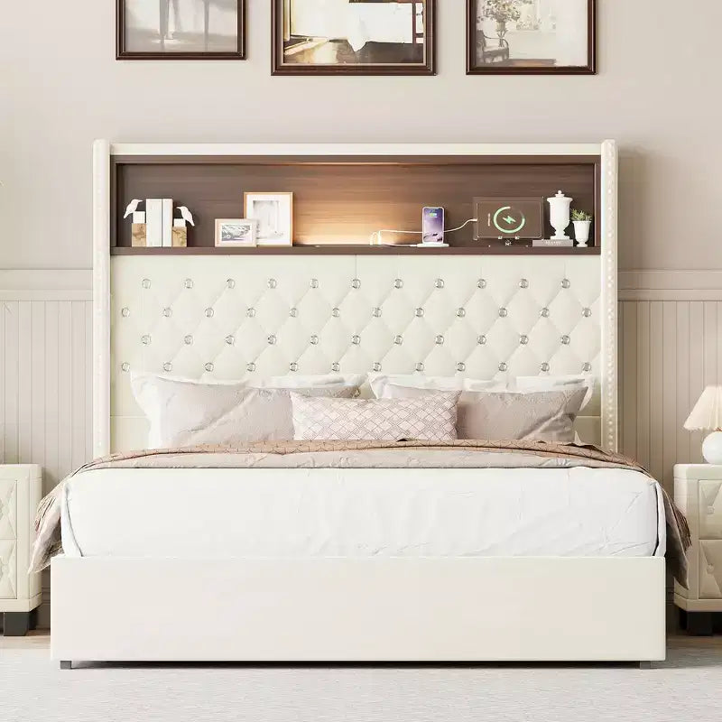 Letto imbottito in velluto Whisen Queen Size, letto a piattaforma con schienale ad ala, testiera alta 52'' con decorazione a rivetti, mensola sulla testiera
