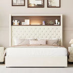 Letto imbottito in velluto Whisen Queen Size, letto a piattaforma con schienale ad ala, testiera alta 52'' con decorazione a rivetti, mensola sulla testiera