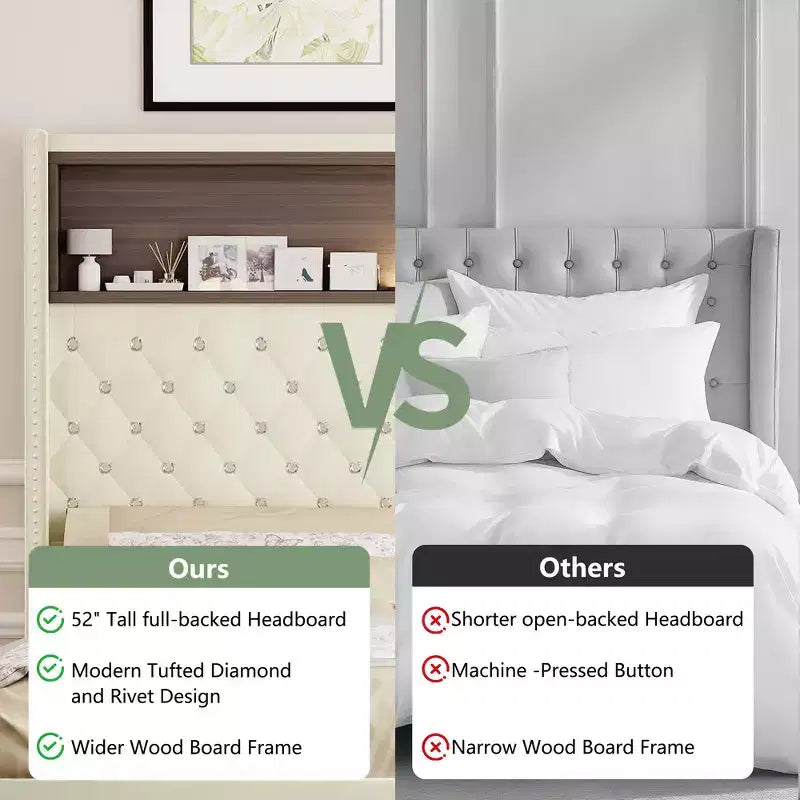 Letto imbottito in velluto Whisen Queen Size, letto a piattaforma con schienale ad ala, testiera alta 52'' con decorazione a rivetti, mensola sulla testiera