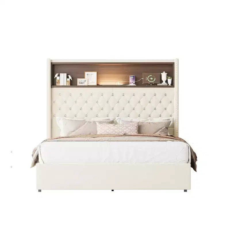 Letto imbottito in velluto Whisen Queen Size, letto a piattaforma con schienale ad ala, testiera alta 52'' con decorazione a rivetti, mensola sulla testiera