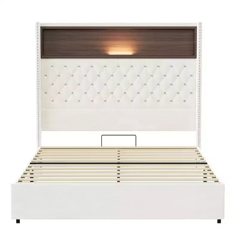 Letto imbottito in velluto Whisen Queen Size, letto a piattaforma con schienale ad ala, testiera alta 52'' con decorazione a rivetti, mensola sulla testiera