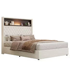 Letto imbottito in velluto Whisen Queen Size, letto a piattaforma con schienale ad ala, testiera alta 52'' con decorazione a rivetti, mensola sulla testiera