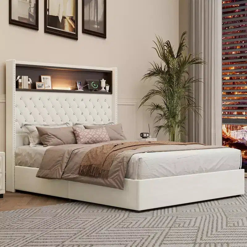 Whisen Queen Size Velvet Tufted Soft Bed Frame, Wing-back Platform Bed, 52'' High Headboard with Rivet Decoration, Headboard Shelf