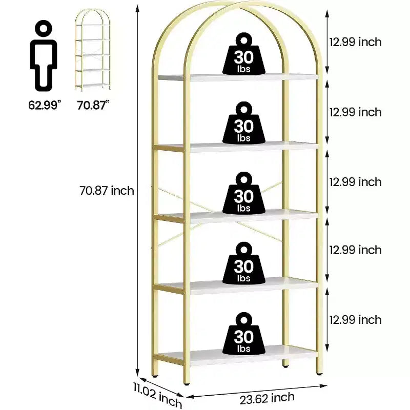 2 confezioni di libreria ad arco a 5 ripiani con struttura in metallo, scaffale alto da esposizione e contenitore per camera da letto, soggiorno, ufficio, bianco e oro