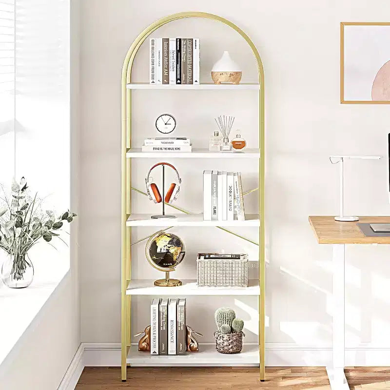 2 confezioni di libreria ad arco a 5 ripiani con struttura in metallo, scaffale alto da esposizione e contenitore per camera da letto, soggiorno, ufficio, bianco e oro