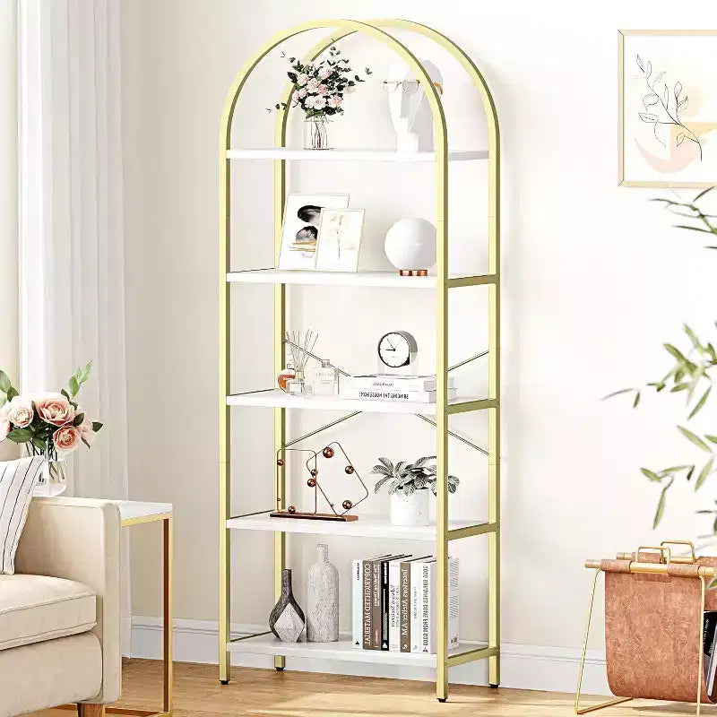 2 confezioni di libreria ad arco a 5 ripiani con struttura in metallo, scaffale alto da esposizione e contenitore per camera da letto, soggiorno, ufficio, bianco e oro