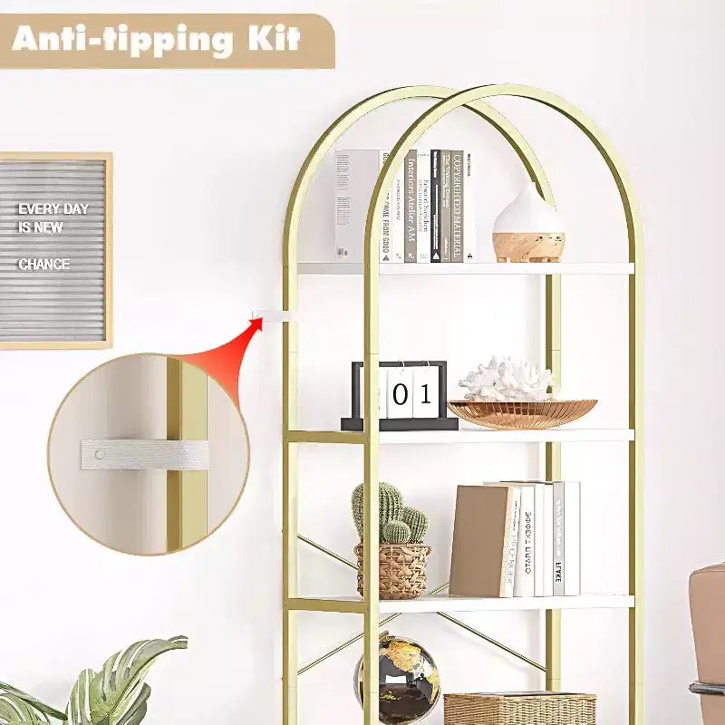 2 confezioni di libreria ad arco a 5 ripiani con struttura in metallo, scaffale alto da esposizione e contenitore per camera da letto, soggiorno, ufficio, bianco e oro