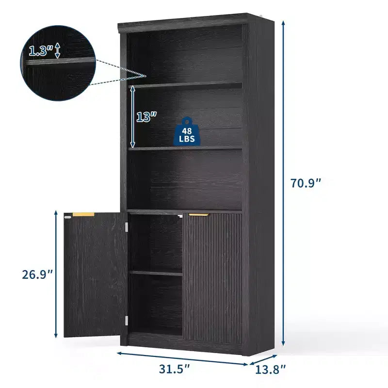 Libreria alta 180 cm con ante a scanalatura, scaffali espositivi a 5 ripiani con armadietto e ripiano regolabile, librerie moderne di metà secolo