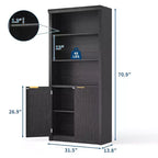 Libreria alta 180 cm con ante a scanalatura, scaffali espositivi a 5 ripiani con armadietto e ripiano regolabile, librerie moderne di metà secolo
